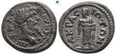 Roman Provincial Lydia. Akrasos . Septimius Severus AD 193-211. Bronze Æ 18mm., 4,56g. AV • KA • Λ • C CEOVHPOC, laureate head right / AKPAC-IΩTΩN, Asklepios standing facing, head left, resting on ser