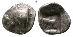 Greek Asia Minor. Uncertain mint circa 500-400 BC. Tetartemorion AR 4mm., 0,25g. Forepart of bull (?) left / Uncertain figure within incuse square ( or incuse punch with rough pattern). nearly very fi