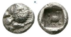 Greek Caria. Mylasa circa 525-494 BC. Tetartemorion AR 4mm., 0,26g. Lion's head left / Bird standing right, two pellets, within incuse square. very fine SNG Keckman 922.