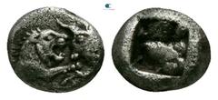 Greek Kings of Lydia. Sardeis. Kroisos 564-539 BC. 1/24 Stater AR 4mm., 0,40g. Confronted foreparts of lion and bull / Incuse punch. very fine SNG Kayhan 1022; Traité I -; Klein 562.