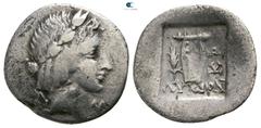 Greek Lycia. Kragos. Lycian League circa 48-23 BC. Hemidrachm AR 14mm., 1,43g. Laureate head of Apollo right, Λ-Υ to left and right / ΛYKION KΡ beneath and to right of lyre, grain ear in left field, a