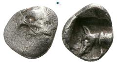 Greek Lycia. Uncertain mint circa 450-400 BC. Hemiobol AR 5mm., 0,30g. Forepart of boar right / Head and neck of leashed dog left, within incuse square. very fine SNG Keckman II 349-351 var. (boar lef