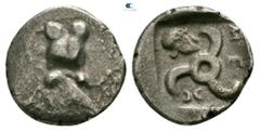 Greek Dynasts of Lycia. Uncertain mint. Mithrapata 390-370 BC. 1/12 Stater AR 8mm., 0,59g. Astragalos / Triskeles, helmet right in one section, all within incuse square. very fine Müseler -; SNG Copen