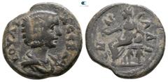 Roman Provincial Lydia. Sala. Julia Domna AD 193-211. Bronze Æ 17mm., 4,36g. IOYΛIA CEBAC, draped bust right / CAΛHNΩN, Kybele seated left, turreted, holding patera and resting arm on tympanum, lion a