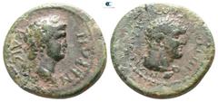 Roman Provincial Lydia. Sardeis . Nero AD 54-68. Bronze Æ 15mm., 2,58g. ΝΕΡΩΝ ΚΑΙCAP, laureate head of Nero right / EΠI TI MNACEOY CAΡΔIANΩN , laureate head of beardless Herakles right, wearing lion’s