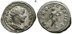 Roman Imperial Gordian III AD 238-244. Struck AD 241. Rome Antoninianus AR 23mm., 4,63g. IMP GORDIANVS PIVS FEL AVG, radiate, draped and cuirassed bust right / P M TR P IIII COS II P P , Gordian stand