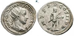Roman Imperial Gordian III AD 238-244. Rome Antoninianus AR 22mm., 4,53g. IMP GORDIANVS PIVS FEL AVG, radiate, draped and cuirassed bust of Gordian right / P M TR P V COS II P P, Gordian standing righ