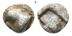 Greek Asia Minor. Uncertain mint or Aiolis, Kyme circa 450-400 BC. Tetartemorion AR 3mm., 0,13g. Eagle’s head left / Quadripartite incuse square. nearly very fine SNG von Aulock -; SNG Kayhan -; Klein