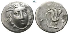 Greek Islands off Caria. Rhodos. ΜΟΥΣΑΙΟΣ (Mousaios), magistrate circa 180-170 BC. Struck in Caria or Lycia Pseudo-Rhodian Drachm AR 13mm., 2,45g. Head of Helios facing slightly right / ΜΟΥΣΑΙΟΣ, P-O,
