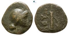 Greek Lycia. Bubon circa 100-0 BC. Bronze Æ 8mm., 1,01g. Draped bust of Artemis right, quiver behind / BOY, bow and quiver. very fine BMC p. 47, 1.