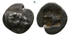 Greek Troas. Kebren circa 500-400 BC. Tetartemorion AR 5mm., 0,17g. Ram’s head right / Quadripartite incuse square. very fine SNG Copenhagen 256.