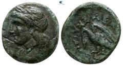 Greek Ionia. Leukai . ΕΚΑΤΑΙΟΣ (Hekataios), magistrate circa 380-360 BC. Bronze Æ 15mm., 3,21g. Laureate head of Apollo left / Swan standing left with open wings, head down, ΛΕΟ ΕΚΑΤΑΙΟΣ around. very 