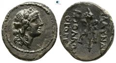 Greek Lydia. Blaundos. ΑΠΟΛΛΩΝΙ- ΘΕΟΓΕΝ- (Apolloni-, son of Theogen-), magistrate circa 200-0 BC. Bronze Æ 18mm., 4,15g. Head of Dionysos right, wreathed with ivy / MΛAYNΔE AΠOΛΛΩNI ΘEOΓEN, filleted t