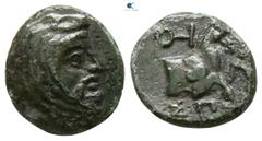 Greek Kings of Lydia. Sardeis. Spithridates 334 BC. Bronze Æ 9mm., 1,00g. Head of Satrap right, wearing mithra, the Persian headdress / ΣΠ-I, forepart of horse right, OT monogram at upper left. very f