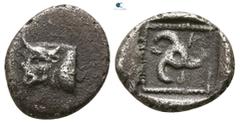 Greek Dynasts of Lycia. Uncertain mint. Kuprilli or Kubernis circa 470-440 BC. Diobol AR 9mm., 1,04g. Forepart of bull left / Triskeles, KOPP around, within pelleted linear square border, all within i