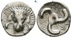 Greek Dynasts of Lycia. Uncertain mint. Perikles 380-360 BC. 1/3 Stater AR 15mm., 2,69g. Lion scalp facing / Π↑-ΡΕΚ-Λ↑, triskeles within incuse circle. very fine Falghera 217; SNG von Aulock 4255.