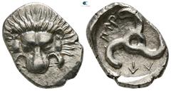 Greek Dynasts of Lycia. Uncertain mint. Perikles 380-360 BC. 1/3 Stater AR 17mm., 2,69g. Lion scalp facing / Π↑Ρ-ΕΚ-Λ↑, triskeles within incuse circle. good very fine Falghera 217; SNG von Aulock 4255