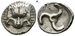 Greek Dynasts of Lycia. Uncertain mint. Perikles 380-360 BC. 1/3 Stater AR 15mm., 2,61g. Lion scalp facing / Π↑Ρ-ΕΚ-Λ↑, triskeles within incuse circle. very fine Falghera 217; SNG von Aulock 4255.