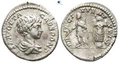Roman Imperial Geta as Caesar AD 197-209. Rome Denarius AR 18mm., 3,81g. P SEPT GETA CAES PONT Draped bust of Geta to right / PRINC IVVENTVTIS Geta as Princeps standing left in military attire, holdin