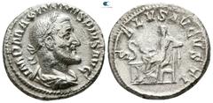 Roman Imperial Maximinus I Thrax AD 235-238. Rome Denarius AR 18mm., 3,13g. IMP MAXIMINVS PIVS AVG, laureate, draped and cuirassed bust of Maximinus I to right / SALVS AVGVSTI, Salus seated left, hold