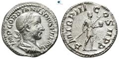 Roman Imperial Gordian III. AD 238-244. Rome Denarius AR 18mm., 1,66g. IMP GORDIANVS PIVS FEL AVG, laureate, draped and cuirassed bust of Gordian III to right / P M TR P III COS II P P, Gordian, in mi