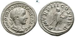 Roman Imperial Gordian III. AD 238-244. Rome Denarius AR 18mm., 3,32g. IMP GORDIANVS PIVS FEL AVG, laureate, draped and cuirassed bust right / P M TR P III COS II P P, Gordian standing right, holding 