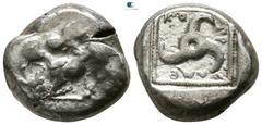 Greek Dynasts of Lycia. Kuprilli 470-435 BC. Stater AR 15mm., 8,56g. Lion right attacking bull falling left / KO-ΠΡ-ΛΛΕ, triskelis. nearly very fine BMC 60, pl. 4, 4.