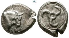Greek Dynasts of Lycia. Uncertain mint. Uncertain Dynast circa 490-460 BC. Stater AR 19mm., 8,51g. Head of bull right / Triskeles within incuse circle. very fine, test cut Not in the standard referenc