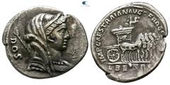 Roman Imperial Trajan AD 98-117. Restored issue of L. Rubrius Dossenus. Struck circa AD 107. Rome Denarius AR 18mm., 2,78g. DOS, diademed, veiled and draped bust of Juno facing right, a sceptre across