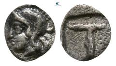 Greek Arkadia. Tegea circa 423-400 BC. Tetartemorion AR 4mm., 0,09g. Helmeted head of Athena left / T (mark of value) within incuse square. very fine BCD Peloponnesos 1721; HGC 5, 1054.