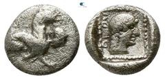 Greek Dynasts of Lycia. Uncertain mint. Uvug 470-440 BC. Obol AR 7mm., 0,51g. Sphinx seated right / Female head right within pelleted square border; all within incuse square. very fine SNG von Aulock 