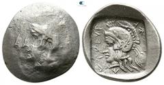 Greek Dynasts of Lycia. Xanthos. Possibly Khäriga (Karikas) 410 BC. Hemidrachm AR 17mm., 2,41g. Helmeted head of Athena left / Helmeted head of Ares left, all within incuse square. nearly very fine He