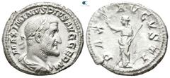 Roman Imperial Maximinus I Thrax AD 235-238. Rome Denarius AR 20mm., 3,83g. MAXIMINVS PIVS AVG GERM, laureate, draped and cuirassed bust of Maximinus to right / PAX AVGVSTI, Pax standing facing, her h