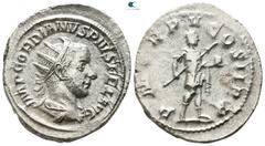 Roman Imperial Gordian III. AD 238-244. Rome Antoninianus AR 24mm., 4,18g. IMP GORDIANVS PIVS FEL AVG, radiate, draped and cuirassed bust of Gordian right / P M TR P V COS II P P, Gordian standing rig