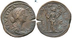 Roman Imperial Faustina II AD 147-175. Struck under Marcus Aurelius. Rome Sestertius Æ 32mm., 26,25g. FAVSTINA AVGVSTA, draped bust of Faustina to right / FECVNDITAS, S C across field, Fecunditas stan