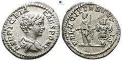 Roman Imperial Geta as Caesar AD 197-209. Rome Denarius AR 18mm., 3,08g. P SEPT GETA CAES PONT, bare-headed and draped bust of Geta to right / PRINC IVVENTVTIS, Geta, as prince of the youth, standing 