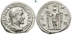 Roman Imperial Maximinus I Thrax AD 235-238. Struck AD 235. Rome Denarius AR 18mm., 2,22g. IMP MAXIMINVS PIVS AVG, laureate, draped and cuirassed bust of Maximinus I right / P M TR P P P, emperor stan