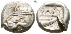 Greek Lycia. Phaselis circa 500-440 BC. Stater AR 19mm., 10,98g. Prow of galley left, terminating in a boar's forepart / ΦΑΣ, stern of galley right within incuse square. very fine, test cut on reverse