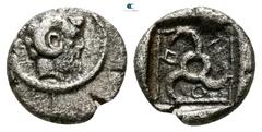 Greek Dynasts of Lycia. Uncertain mint. Kuprilli 470-435 BC. Hemiobol AR 8mm., 0,52g. Head of Zeus right, wearing horn of Ammon / ΚΟΠ, Triskeles within incuse square. very fine Cf. Müseler IV.55 (diob