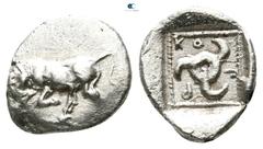 Greek Dynasts of Lycia. Uncertain mint. Kuprilli or Kubernis 470-440 BC. Hemiobol AR 8mm., 0,53g. Bull butting to left / KO-Π-P, triskeles; all within incuse square. good very fine SNG von Aulock 4147