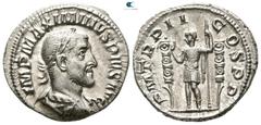 Roman Imperial Maximinus I Thrax AD 235-238. Rome Denarius AR 17mm., 3,41g. IMP MAXIMINVS PIVS AVG, laureate, draped and cuirassed bust right / P M TR P II COS P P, Maximinus standing left between two
