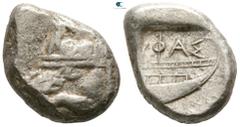 Greek Lycia. Phaselis circa 500-440 BC. Stater AR 21mm., 10,90g. Prow of galley left in the form of a forepart of a boar / ΦΑΣ, stern of galley right within incuse square. very fine SNG von Aulock 439
