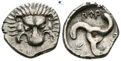 Greek Lycia. Uncertain mint. Perikles 380-360 BC. 1/3 Stater AR 13mm., 2,70g. Lion scalp facing / Π↑Ρ-ΕΚ-Λ↑, triskeles within incuse circle. good very fine Falghera 217; SNG von Aulock 4255.