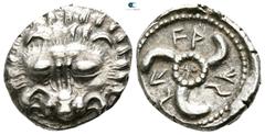 Greek Dynasts of Lycia. Vekhssere II circa 410-390 BC. 1/3 Stater AR 15mm., 3,21g. Scalp of lion facing / FA-↓S-S↑, triskeles, with monogram in central circle, all within pelleted border in shallow in