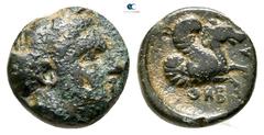 Greek Mysia. Thebe (or Hypoplakia) circa 400-300 BC. Bronze Æ 9 mm., 0,82 g. Female head (of Demeter ?) to right, hair bound in sakkos, and wreathed with corn ears / ΘΗΒ-A, forepart of Pegasos with cu