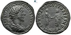 Roman Imperial Marcus Aurelius AD 161-180. Struck AD 161. Rome Sestertius Æ 33 mm., 21,96 g. IMP CAES M AVREL ANTONINVS AVG P M, bareheaded, draped, and cuirassed bust right / CONCORD AVGVSTOR TR P XV
