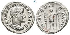 Roman Imperial Maximinus I Thrax AD 235-238. Rome Denarius AR 21 mm., 2,93 g. IMP MAXIMINVS PIVS AVG, laureate, draped, and cuirassed bust right / P M TR P II COS P P, Maximinus standing left between 
