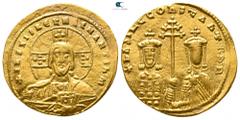 Byzantine Basil II Bulgaroktonos, with Constantine VIII AD 976-1025. Constantinople Histamenon Nomisma AV 24 mm., 4,35 g. + IhS XIS RЄX RЄGNANTIҺm, bust of Christ facing, wearing nimbus cross ornament