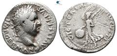 Roman Imperial Vitellius AD 69. Tarraco (?) Denarius AR 17 mm., 3,46 g. A VITELLIVS IMP GERMAN, laureate head of Vitellius to left, with palm (?) and globe at point of bust / VICTORIA AVGVSTI, Victory