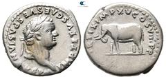 Roman Imperial Titus AD 79-81. Rome Denarius AR 19 mm., 3,32 g. IMP TITVS CAES VESPASIAN [AVG P M], laureate head of Titus to right / TR P IX IMP XV COS VIII P P, elephant marching left. very fine BMC
